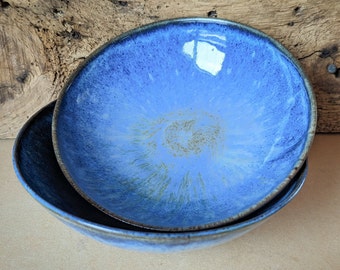Set of Handmade Blue Pottery Pasta Bowls - Rustic Kitchen Decor