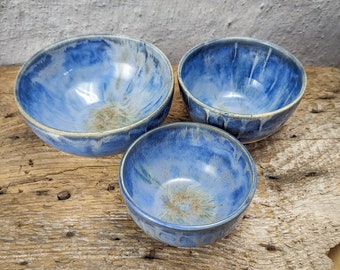 Handcrafted Blue Pottery Bowls - Set of 3 for Home Decor