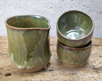 Rustic Stoneware Milk Jug Set with Espresso Cups