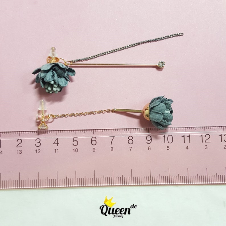 Korean earrings Handmade jewelry Grey Flower Spring Nature Dangle /& Drop Chain Crystal Bar CZ Cubic Ziconia Golden Lovely Cute Fun QUEENDE