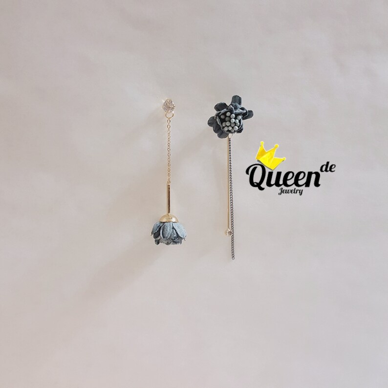 Korean earrings Handmade jewelry Grey Flower Spring Nature Dangle /& Drop Chain Crystal Bar CZ Cubic Ziconia Golden Lovely Cute Fun QUEENDE