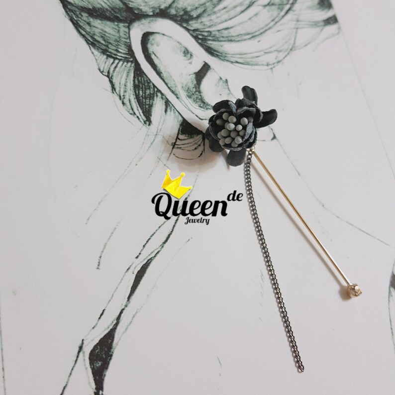 Korean earrings Handmade jewelry Grey Flower Spring Nature Dangle /& Drop Chain Crystal Bar CZ Cubic Ziconia Golden Lovely Cute Fun QUEENDE