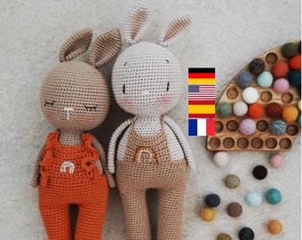 Hase Miro et Mira. modèle de crochet anglais. Häkelanleitung, deutsch. Taille XXL. Spieluhr. häkeln. Anleitung. Amigurumi. espanol.francais