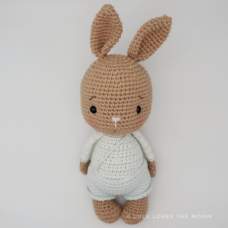 May include: A crocheted bunny toy with brown fur, long ears, and a light blue outfit. The bunny has black eyes and a white nose.