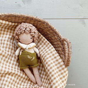 May include: A crocheted doll with curly brown hair, wearing a white collared shirt, green overalls, and a brown gingham blanket. The doll is sitting in a woven basket.