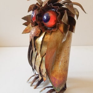 French vintage brutalist owl sculpture 1970 MCM modern art metal environment protection statement