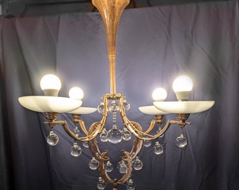 French Antique Mistletoe Art Deco Chandelier Copper , crystal and frosted glass, four lights 1900 - 1930 era