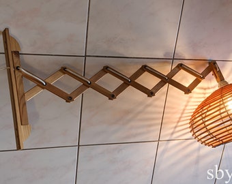 XL Vintage Wall Scissor light sconce extensible lamp Dansk Design with rattan shade MCM 1980