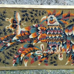 French vintage tapestry Rooster by Alain Cornic 1960 Canvas with original gold frame MCM mid century modern design limited edition wall art
