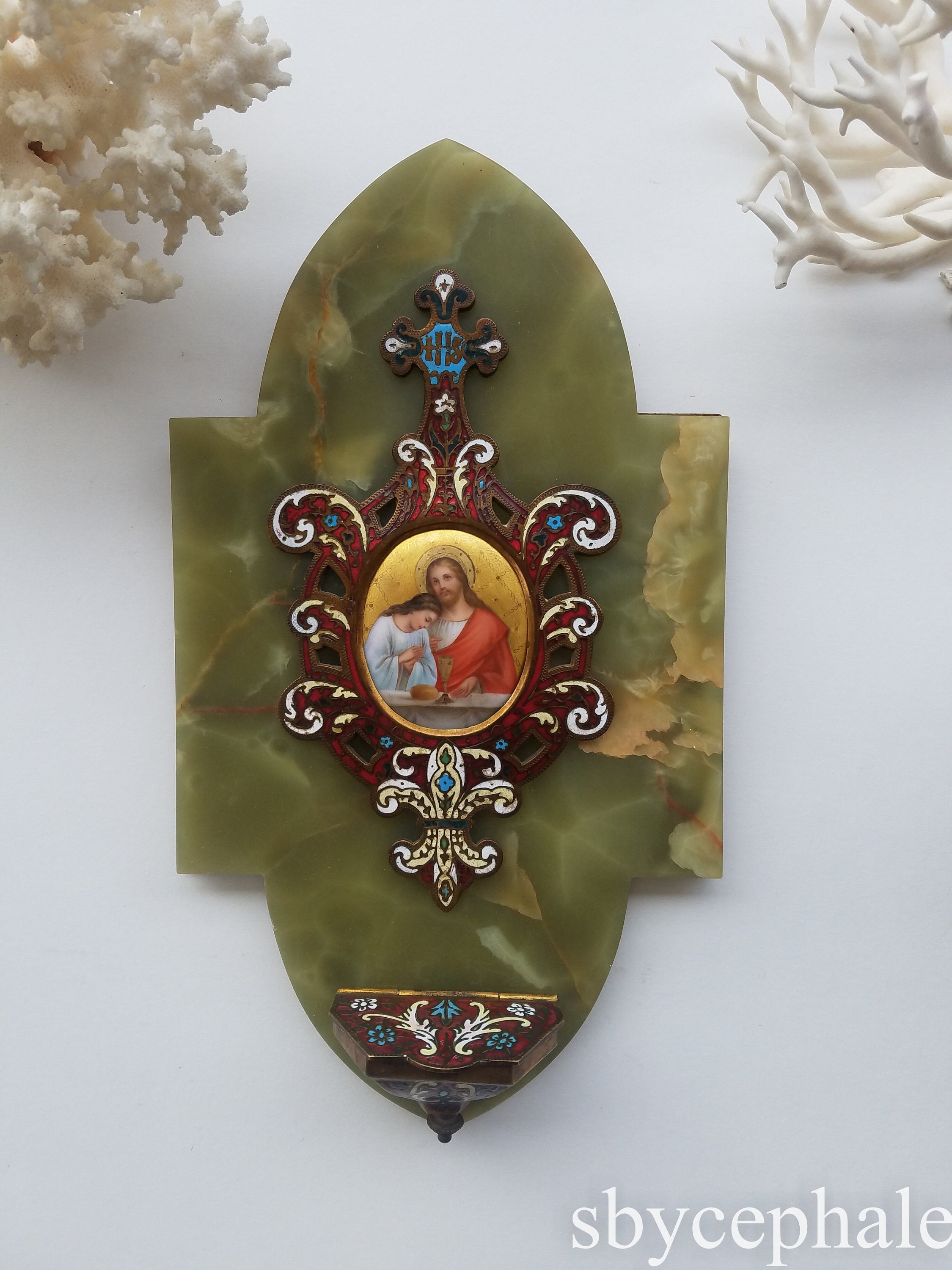 Français Antique Holy Font avec Croix d'émail Champleve et Medaillon en Porcelaine Peint à La Main F