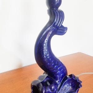 Vallauris Table lamp France 1970's vintage studio artist ceramics signed Cerenne cobalt blue fish
