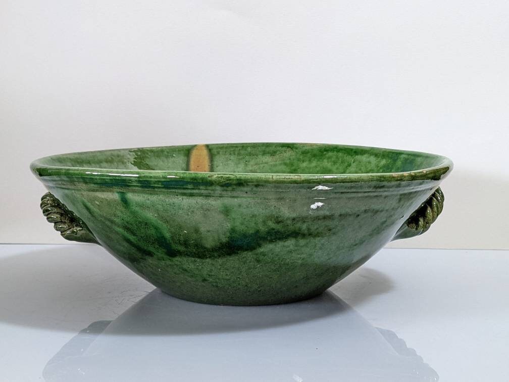 Français Provence Biot Terracotta Vert et Jaune Glaçure Bol ou Centre de Table Pour Fleurs Vintage O