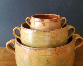 French Antique Provence set of three Marmites cooking pots Yellow Glazed pottery Vallauris
