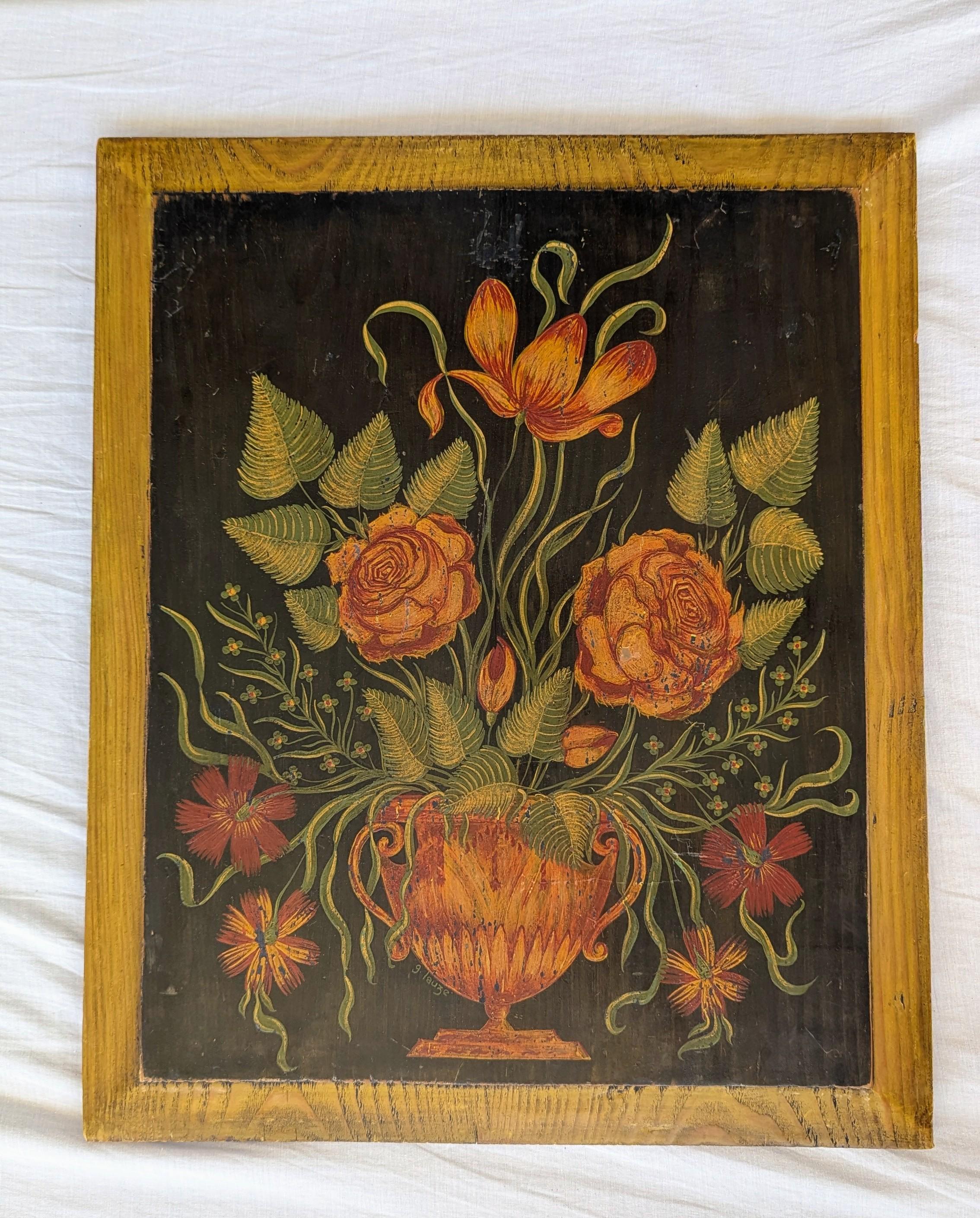19th Century Painted Wood Panel From Alsace, France. Flowers on