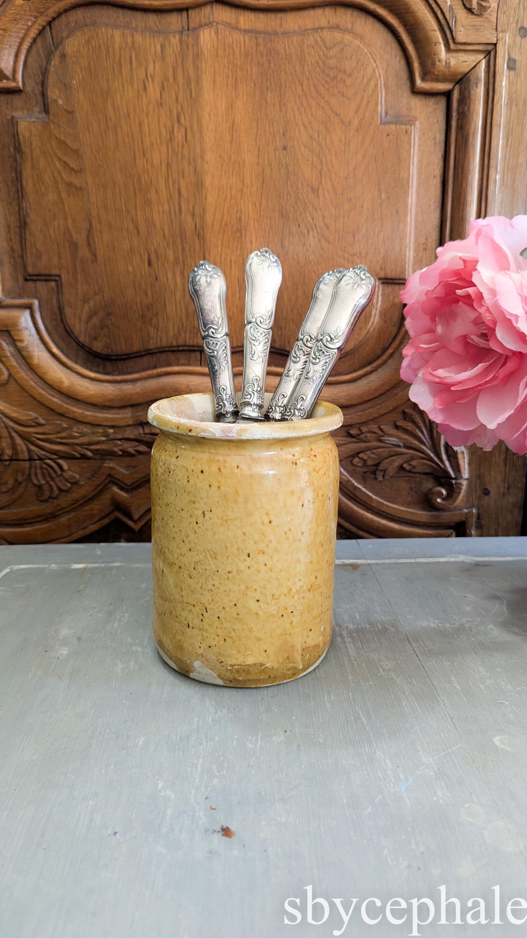 Small French antique Provence yellow glaze Jam pot 19th century pottery or utensils holder for kitchen decor