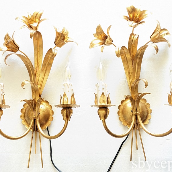 Florart France 1960 gilt metal sconces, two arms of light, vintage MCM wall lights, gold leaf plated lily flowers