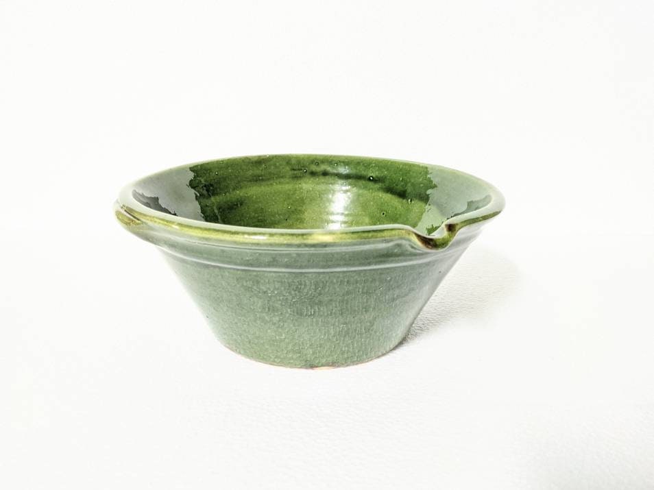 Français Provence Vintagetian Bowl Confit Pot Vert en Terre Cuite Glacée Du Milieu 20Ème Siècle Tabl