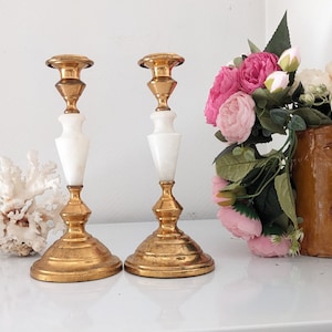 Pair of French 19th century candlesticks alabaster and gilt metal