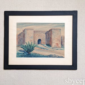 1930 Marocco Architettura Originale pittura ad acquerello orientalista francese C. Rene Payen elencato artista Rabat Bâb er-Rouah Porta del Palazzo Reale