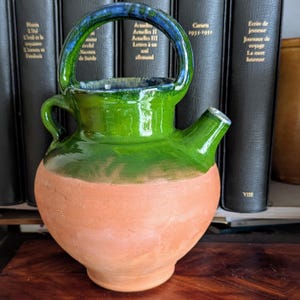 9&quot; French Provence antique water jug yellow and green pottery from the early 20th century, use as flower vase garden or kitchen decor