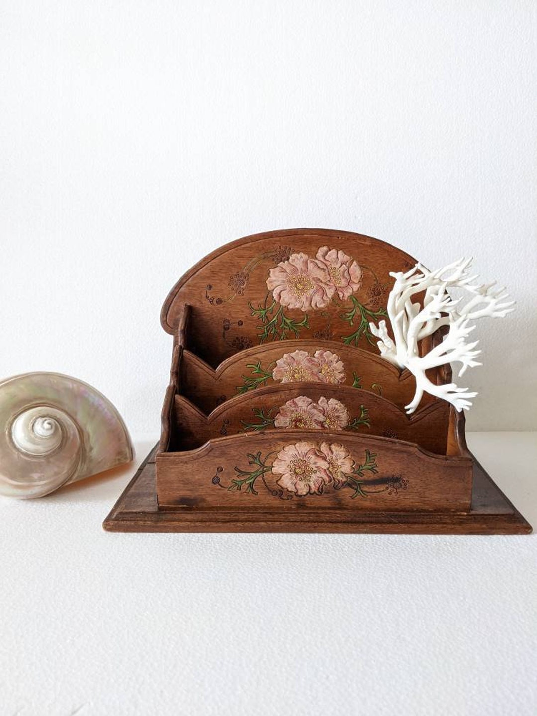 French Antique Letter Rack / Desk Organizer Carved & Painted Wood ...