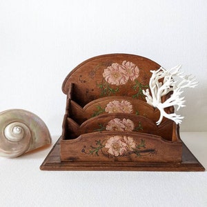 French antique letter rack / desk organizer carved & painted wood jugendstil chrysanthemum decor 1880-1900