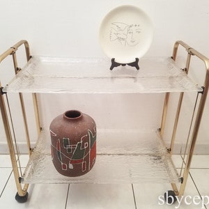 Vintage Ice effect carved Lucite trolley bar cart flying table 1970 era gold metal Italian design foldable & semi foldable