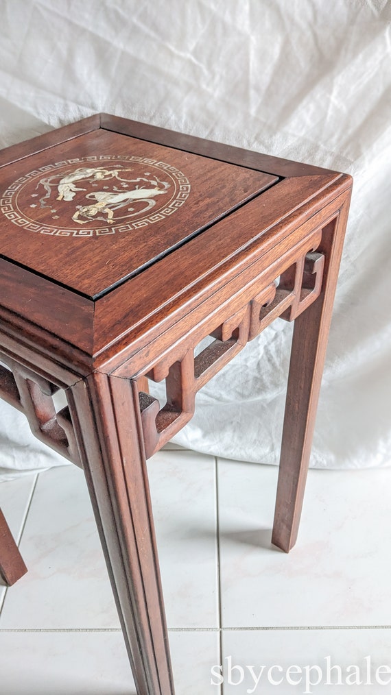 Antique Rosewood Side Table, Shell Inlay Dancers, Circa 1900