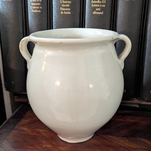 May include: A white ceramic pot with two handles, set against a backdrop of books by Albert Camus. The pot has a rounded body and a slightly flared rim. The books are black with gold lettering.