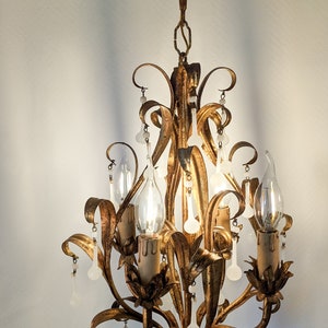Vintage gold leaf gilt tole & Murano drops cage chandelier Mid Century design MCM Hollywood regency