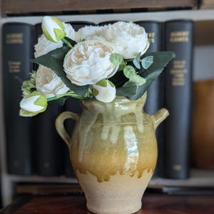 9&quot; French Provence antique water jug yellow and green pottery from the early 20th century, use as flower vase garden or kitchen decor
