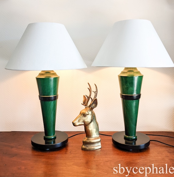 Pair of Large French Vintage Malachite Green Lacquered Wood