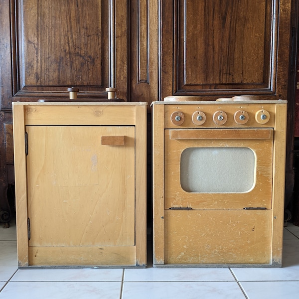 Paire de meubles enfant cuisine vintage en bois 1950 rangements anciens design milieu 20eme