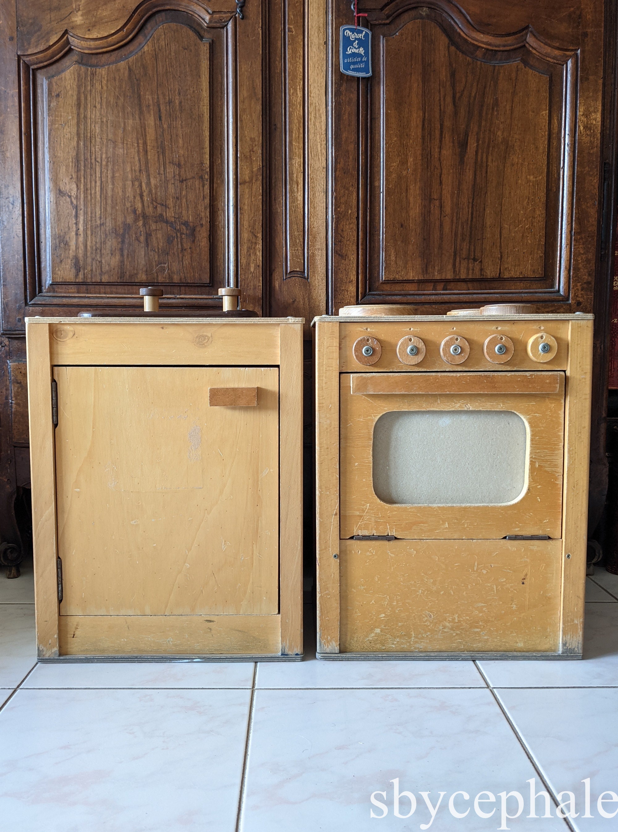 French Vintage Child Cabinets Kitchen Toy, Oven + Cooking and Sink