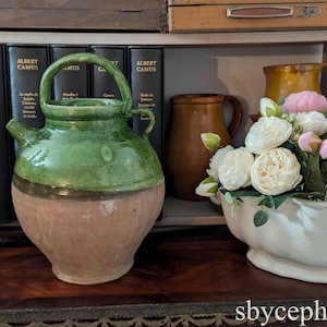 12&quot; French Provence antique water jug green pottery from the 19th century, use as flower vase garden or kitchen decor, wine pitcher