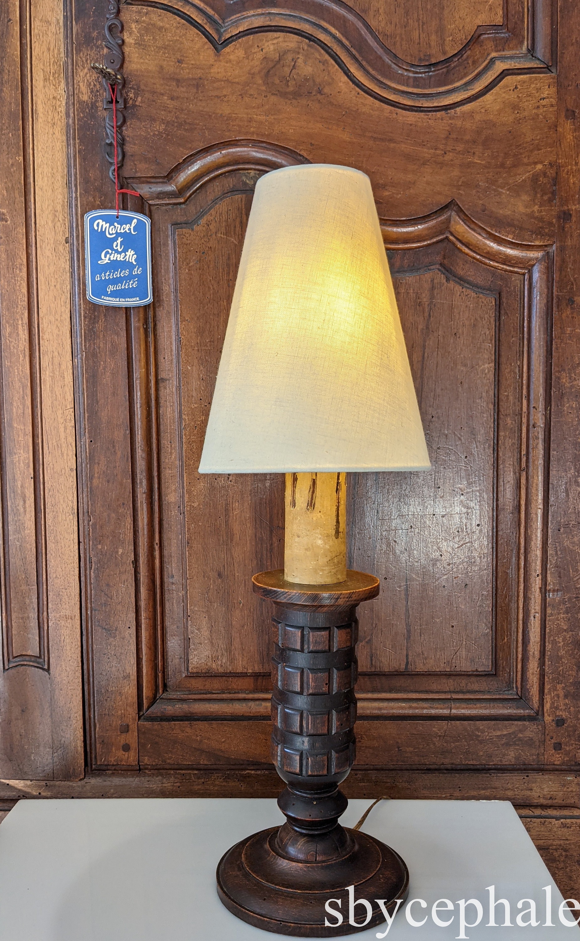 French Vintage Carved Wood Lamp Charles Dudouyt Era Circa 1940