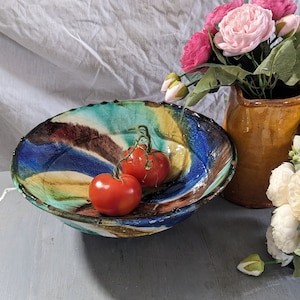 Spanish vintageTian Bowl confit pot multicolor Glazed Terracotta early 20th century table centerpiece fruit bowl