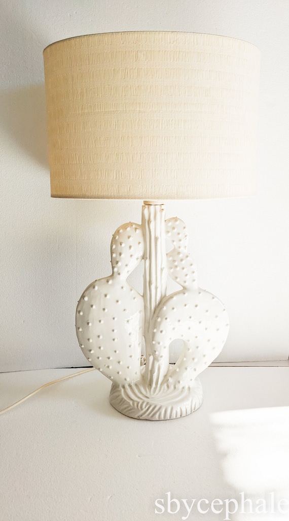 1960s French White Ceramics Cactus Lamp Table Lamp MCM Vintage