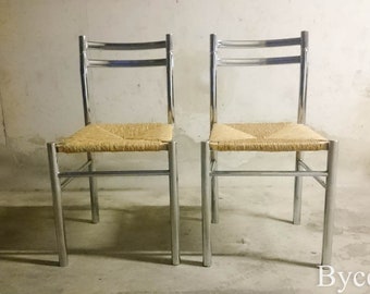 Sillas francesas vintage con asiento de paja y cromo, par de estilo moderno de mediados de siglo