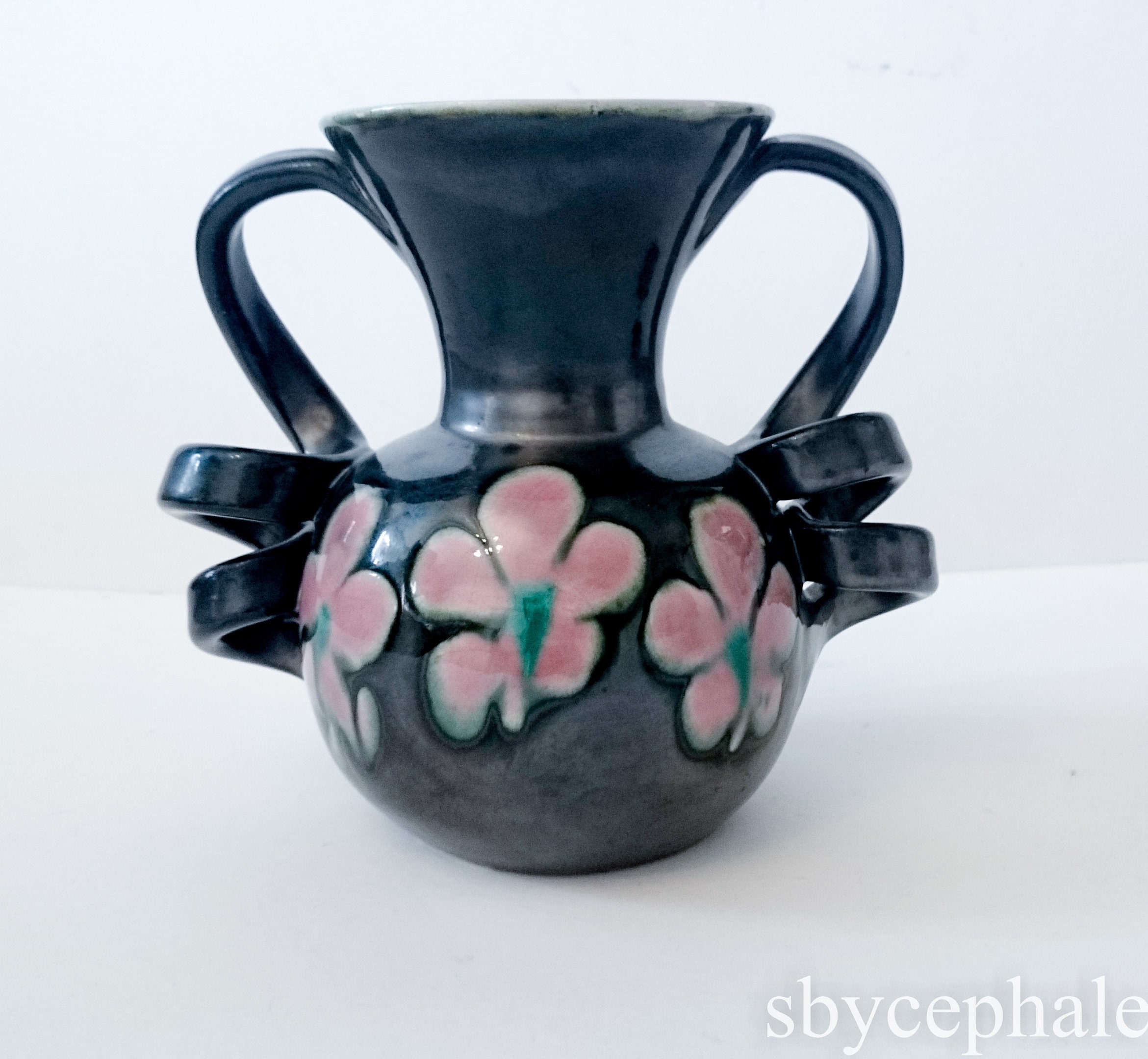 Français Vase en Céramique Vintage de 1960 Milieu Du 20Ème Siècle Design Original Moderne Noir et Ro