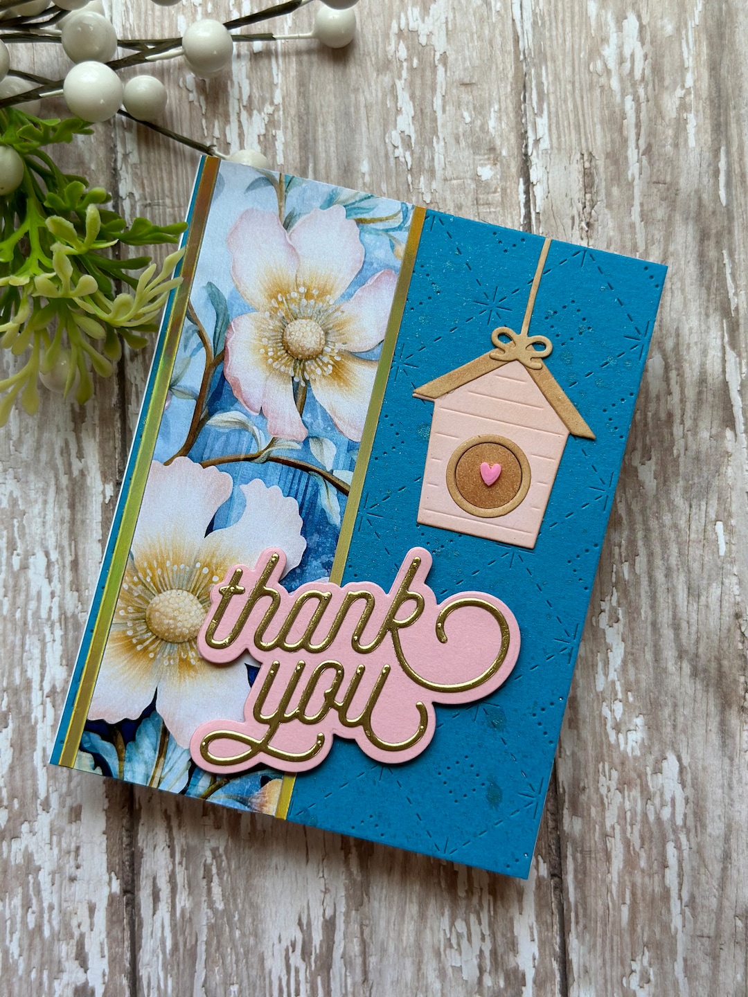 Thank You Card With Birdhouse | Flowers | Gold Foiled | Pink ...