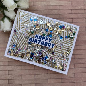 Happy Birthday Shaker Greeting Card | Fun Card | Inside Sentiment | Gold | Unique | Handmade by Owner