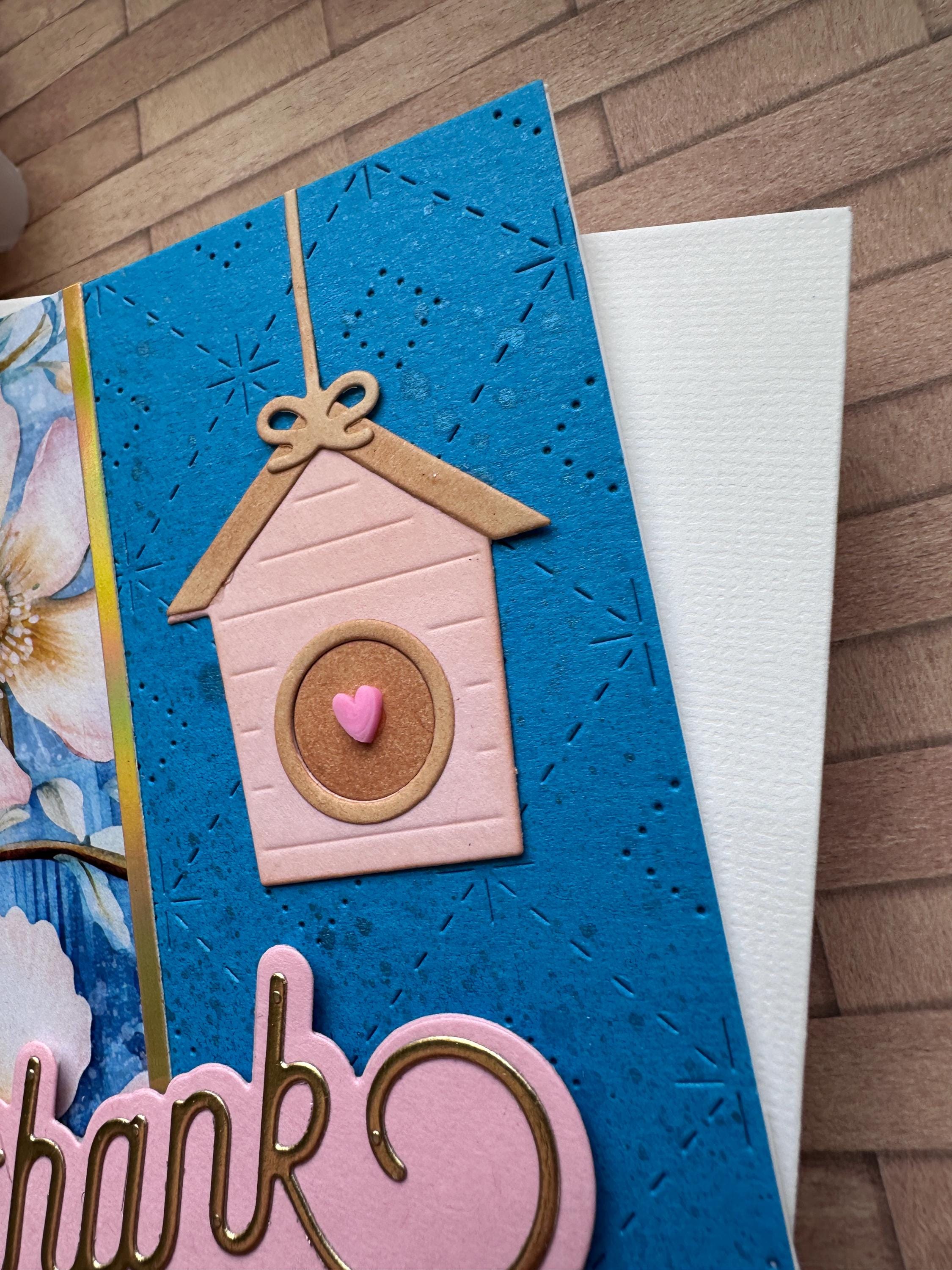 Thank You Card With Birdhouse | Flowers | Gold Foiled | Pink ...