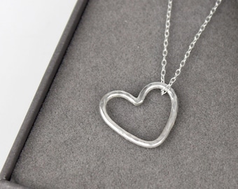 Open Heart Necklace, Silver Heart Pendant, Silver Floating Heart with Hammered Texture, Bridesmaid's Necklace, Heart Jewellery