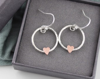 Copper Heart Drop Earrings, Sterling Silver Heart Earrings, Heart Jewellery, Silver Earrings, Eco Silver, Dangly Heart Earrings