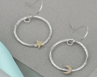 Mismatched Star & Moon Drop Earrings | "O Praise Him" Psalm 148:3 | Christian Jewellery Gift Ideas for Her, Baptism Gifts for Adults