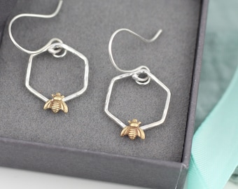 Hexagonal Silver Bee Dangle Earrings, Brass Bee Earrings, Hexagon Earrings, Sterling Silver Bee Jewellery, Manchester Bee, Brass Bee