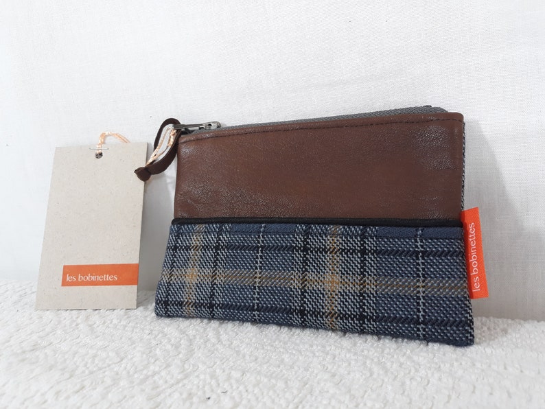 Large wallet brown leather and tweed