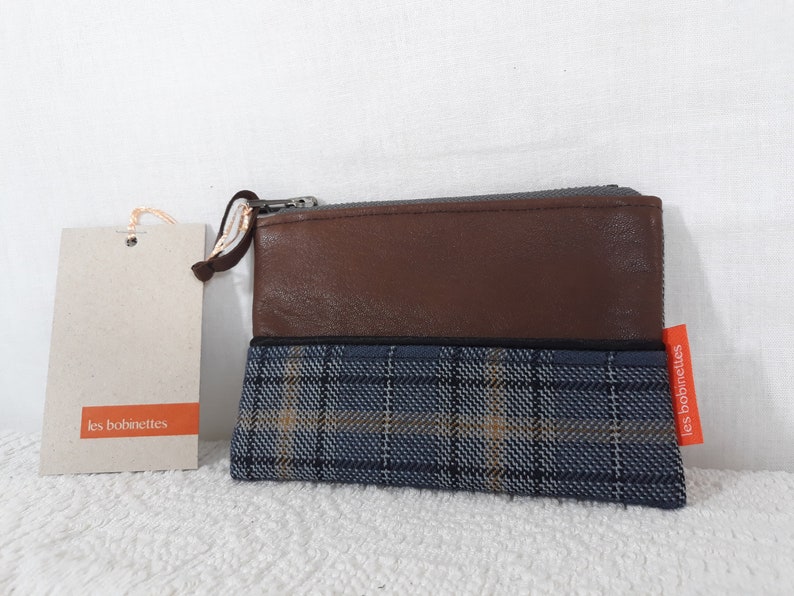 Large wallet brown leather and tweed