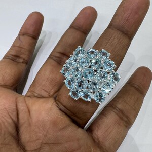 Bague topaze bleue : pierre ronde en argent sterling faite main